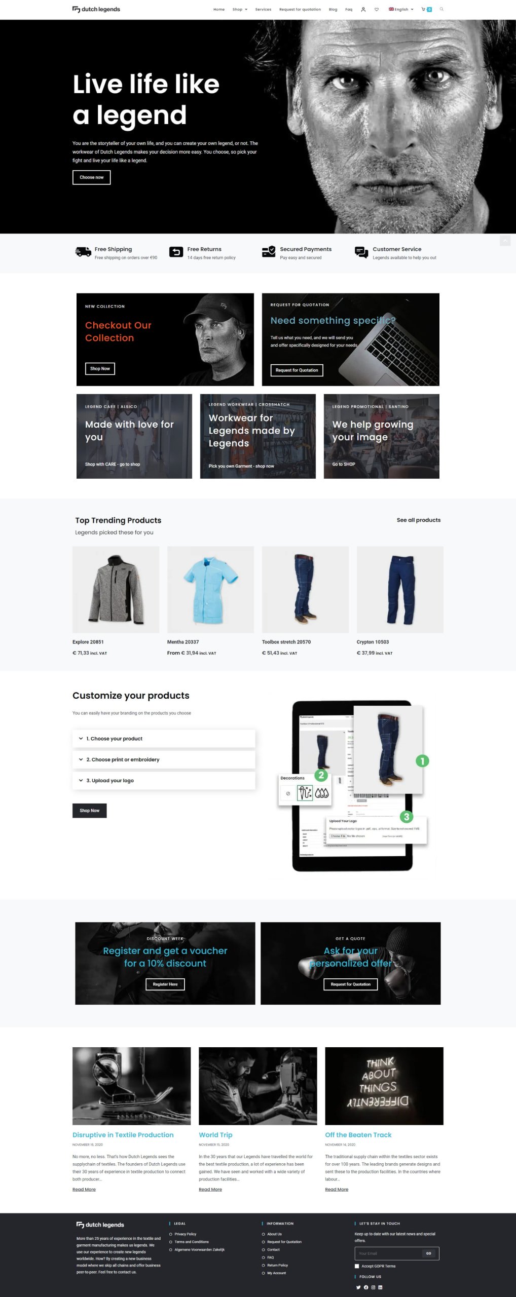 Screenshot of an e-commerce homepage featuring a grayscale portrait, bold headline, navigation menu, promotional offers, trending products, customization options, and customer testimonials.