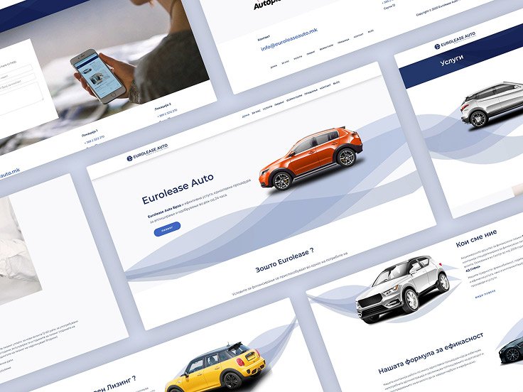 Several website mockups for Eurolase Auto featuring cars, contact information, and services, displayed on white backgrounds with blue accents and wave designs.