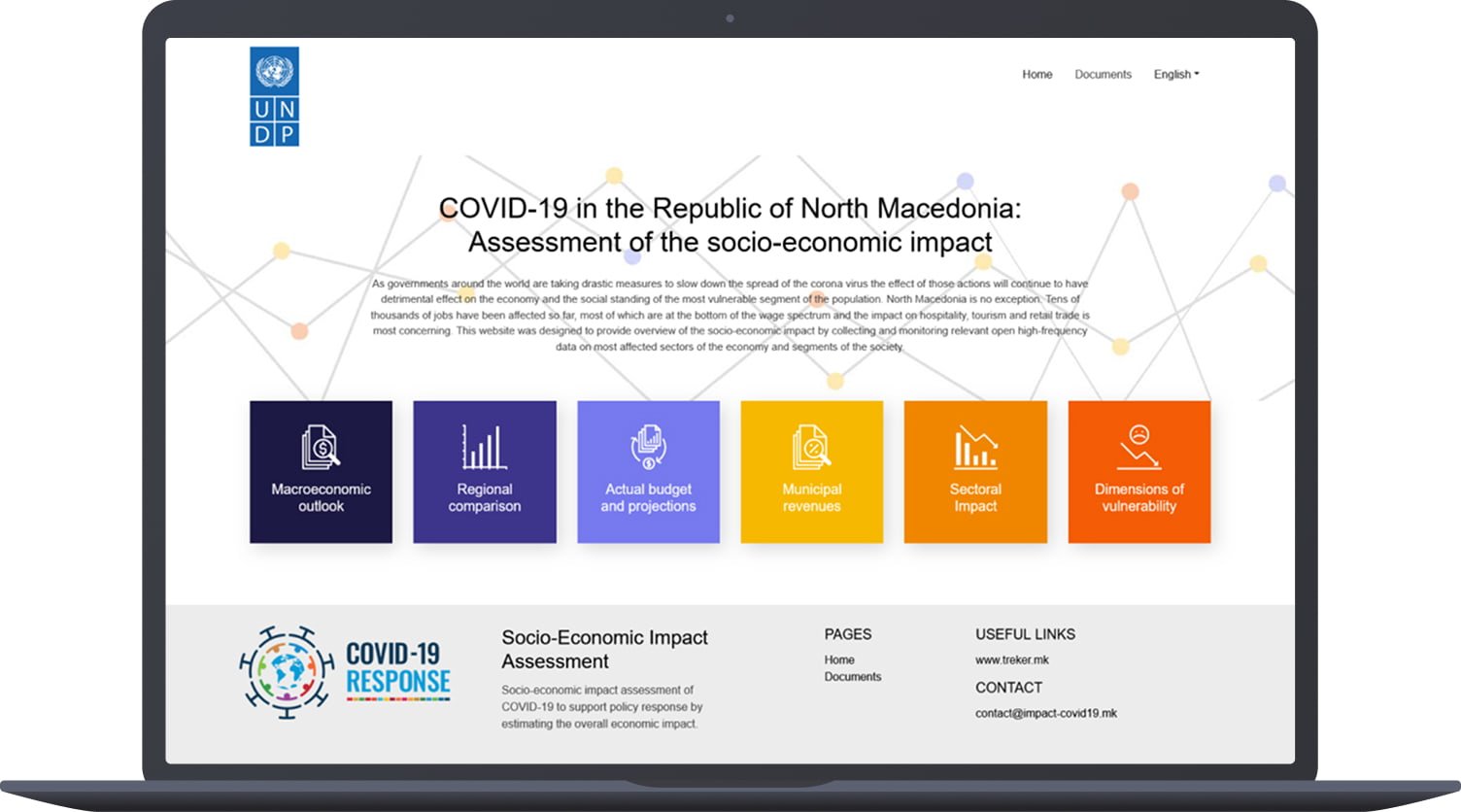 Screenshot of a UNDP web page titled "COVID-19 in the Republic of North Macedonia: Assessment of the socio-economic impact" with colorful info buttons and navigation menu.