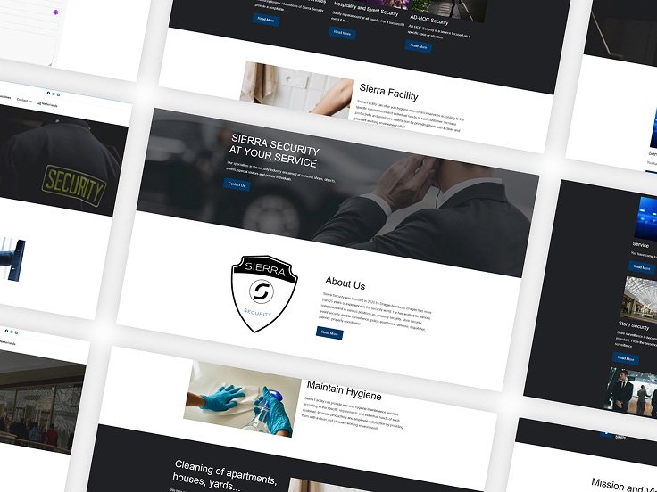 A display showing multiple website layouts for a security and maintenance company, featuring sections on security services, facility management, and cleaning tasks.