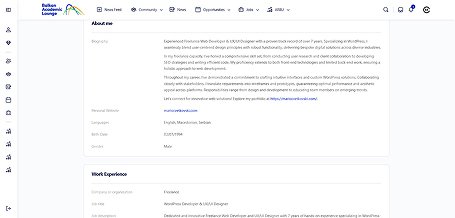 Screenshot of the My profile about me section from the Balkan Academic Lounge website.