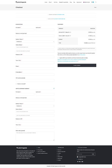 Screenshot of the Checkout page from the Dutch Legends website.