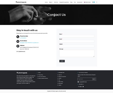 Screenshot of the Contact page from the Dutch Legends website.