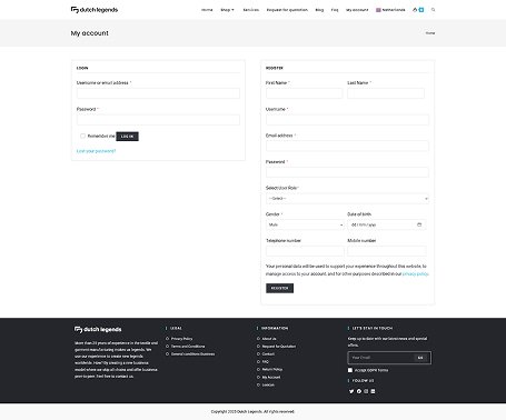 Screenshot of the My Account page from the Dutch Legends website.