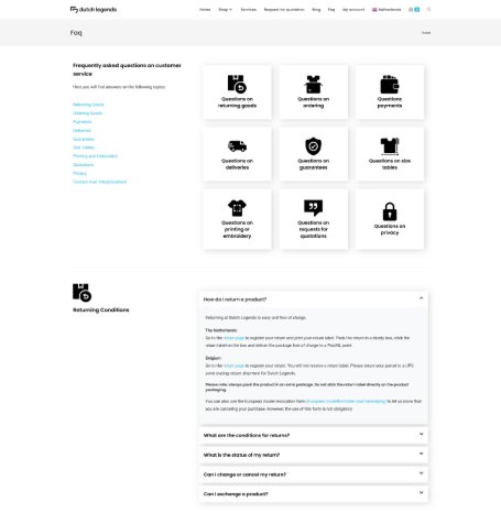 Screenshot of the FAQ page from the Dutch Legends website.