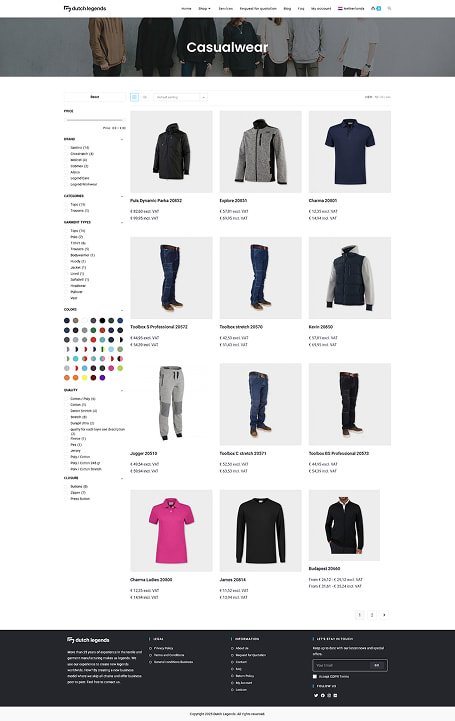 Screenshot of the Shop Page Casualwear Category from the Dutch Legends website.