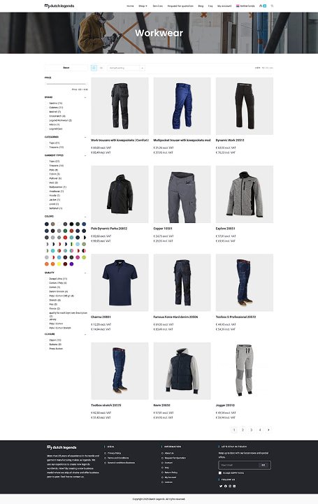 Screenshot of the Shop Page Workwear Category from the Dutch Legends website.