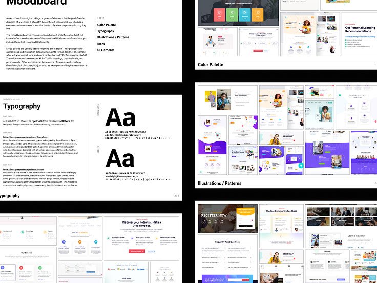Digital moodboard presentation showing color palettes, typography, UI elements, and website layout thumbnails on a clean, grid-based layout for the EduFront website.