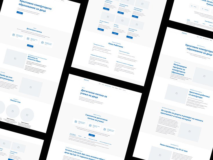 A grid of web page mockups with blue and gray text in Cyrillic, featuring sections for courses, lessons, and digital learning for children from the EduFront website.