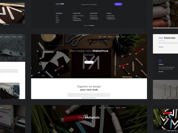 Screenshot of a website layout featuring a dark-themed header, portfolio images of design materials, and sections about materials, contact, and design services.